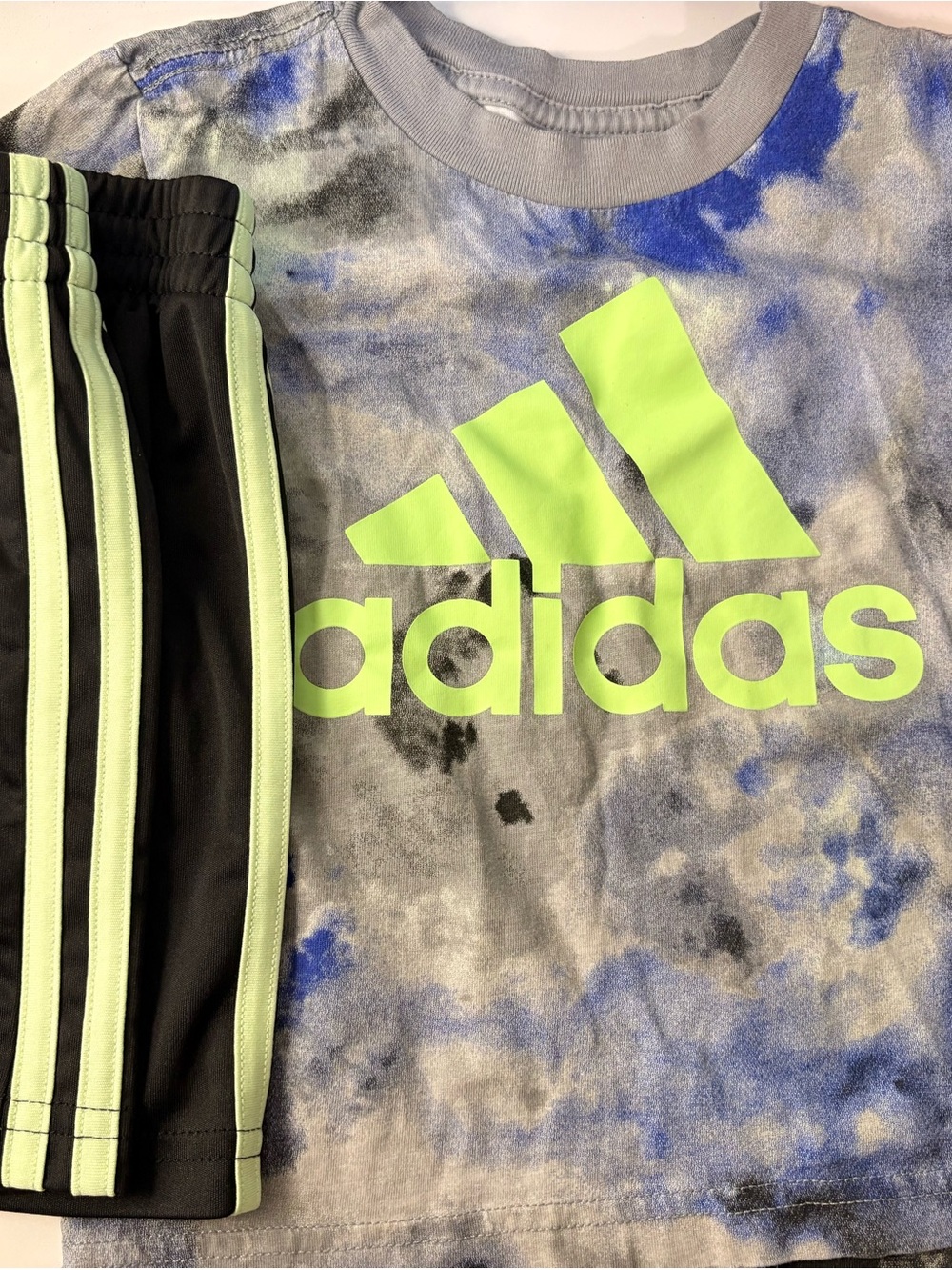 adidas Kids Neon Green Logo Tie-Dye Sweatshirt & Black Shorts